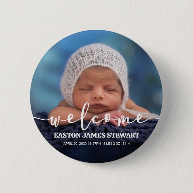 Minimalist Photo Baby Birth Announcement Button (Front)