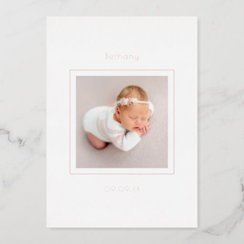 Minimalist Photo Baby Girl Birth Announcement Foil