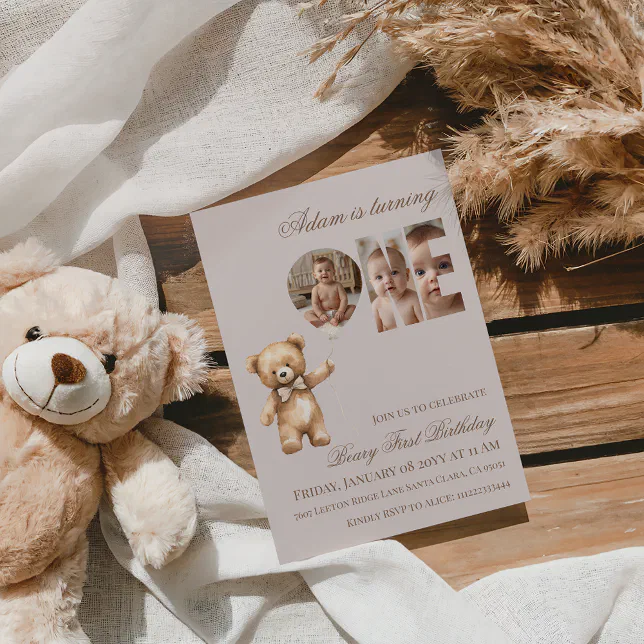 Minimalist Photo Bear Neutral Beary First Birthday Invitation | Zazzle