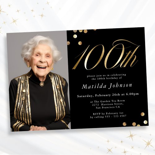 Minimalist Photo Black and Gold 100th Birthday Invitation