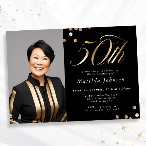 Minimalist Photo Black and Gold 50th Birthday Invitation