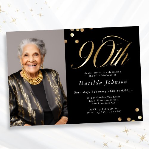 Minimalist Photo Black and Gold 90th Birthday Invitation