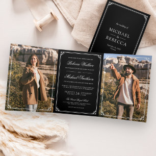 Minimalist Photo Black and White QR Code Wedding Tri-Fold Invitation