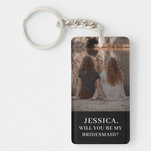 Minimalist Photo Black White Bridesmaid Proposal Keychain (Front)