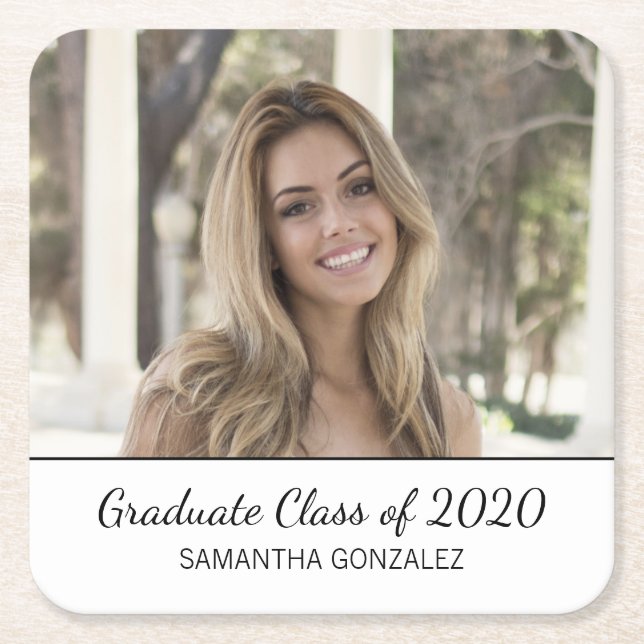 Minimalist Photo Black White Graduation Square Paper Coaster (Front)