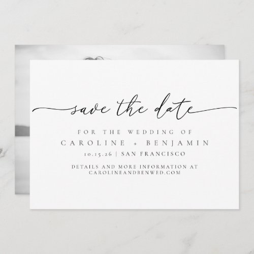 Minimalist Photo Black White Script Wedding Save The Date