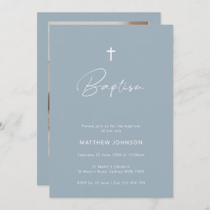 Minimalist photo blue baptism christening invitation