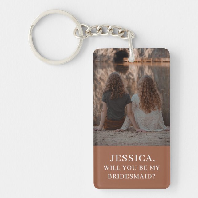 Minimalist Photo Burnt Orange Bridesmaid Proposal Keychain (Front)