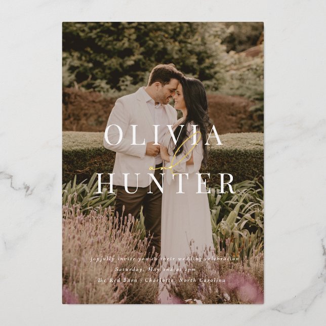 Minimalist Photo Calligraphy Wedding Gold Foil Invitation (Front)