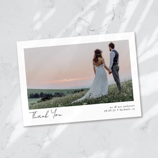 Minimalist Photo Calligraphy Wedding Thank You Card | Zazzle