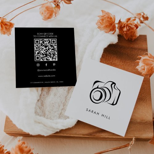 Minimalist Photo Camera QR Code Square Business Card