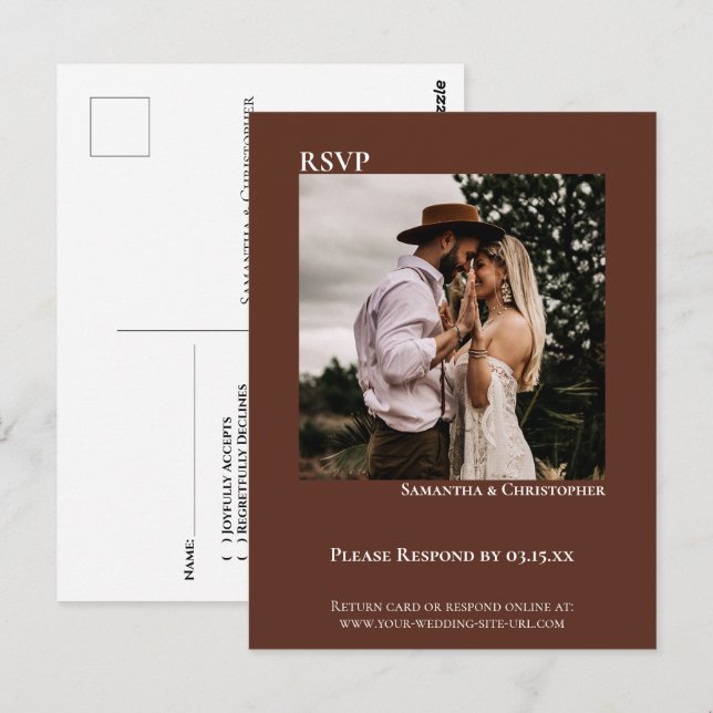 Minimalist Photo Chestnut Brown Wedding RSVP Postcard (Front/Back)