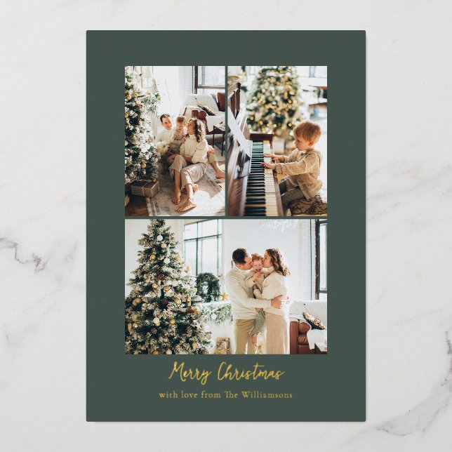 Minimalist Photo Collage Christmas Chic Green Gold Foil Holiday Card (Front)