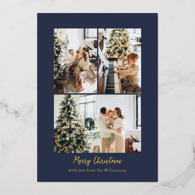 Minimalist Photo Collage Christmas Navy Blue Gold Foil Holiday Card (Front)