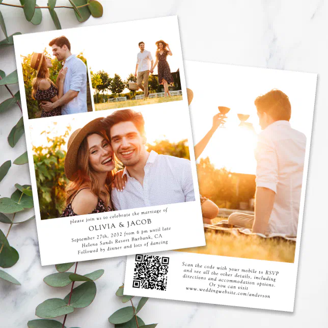 Minimalist Photo Collage QR Code Wedding Invitation | Zazzle