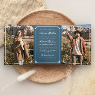 Minimalist Photo Dusty Blue White QR Code Wedding Tri-Fold Invitation