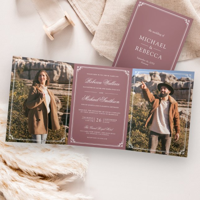 Minimalist Photo Dusty Rose White QR Code Wedding Tri-Fold Invitation (Creator Uploaded)