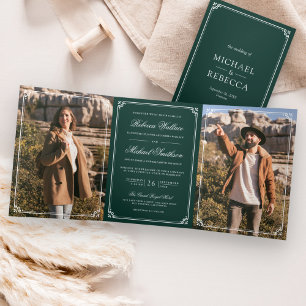 Minimalist Photo Emerald Green QR Code Wedding Tri-Fold Invitation