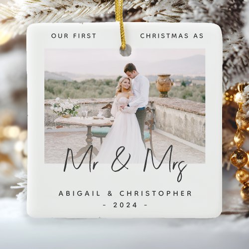 Minimalist Photo First Christmas as Mr  Mrs Gray Ceramic Ornament