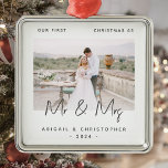 Minimalist Photo First Christmas as Mr & Mrs Gray Metal Ornament<br><div class="desc">Celebrate your first Christmas as a married couple with this modern minimalist photo keepsake ornament. The charcoal gray text reads "Our first Christmas as Mr & Mrs, " with the words "Mr & Mrs" in trendy handwriting script. Easily replace the sample image with your favorite photo, and add your names...</div>