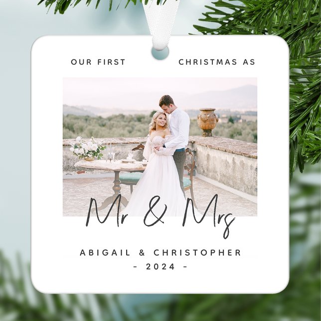 Minimalist Photo First Christmas as Mr & Mrs Gray Metal Ornament (Creator Uploaded)