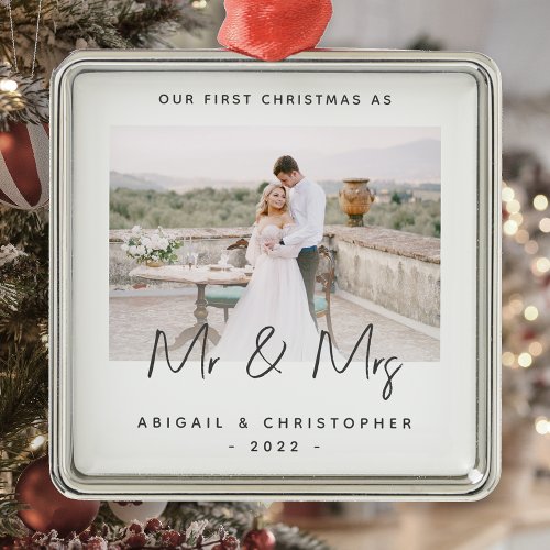 Minimalist Photo First Christmas as Mr  Mrs Gray Metal Ornament