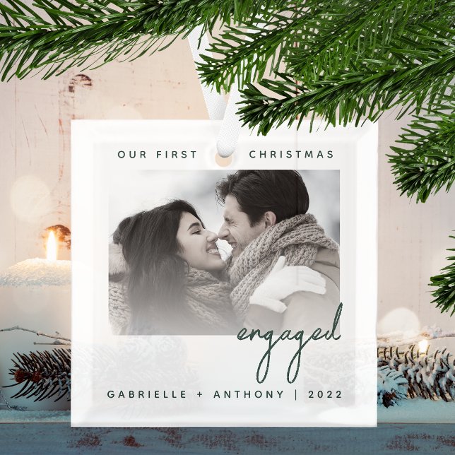 Minimalist Photo First Christmas Engaged Green Glass Ornament (Creator Uploaded)
