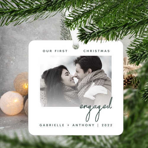 Minimalist Photo First Christmas Engaged Green Metal Ornament