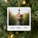 Minimalist Photo First Christmas Married Newlywed Ceramic Ornament<br><div class="desc">Minimalist style Christmas Ornament featuring a simple design with your favorite wedding photo along with your names and the year in a handwriting script.  The back has a second picture.  This modern and elegant holiday ornament makes a great gift for a newly engaged couple.</div>