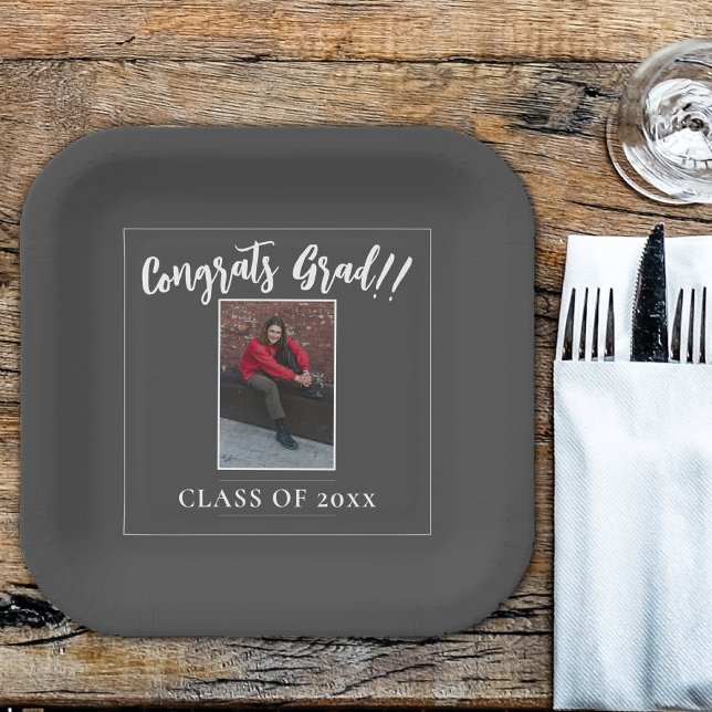 Minimalist Photo Graduation | Gray Paper Plates (Gray Minimalist Photo Graduation Party Paper Plates)