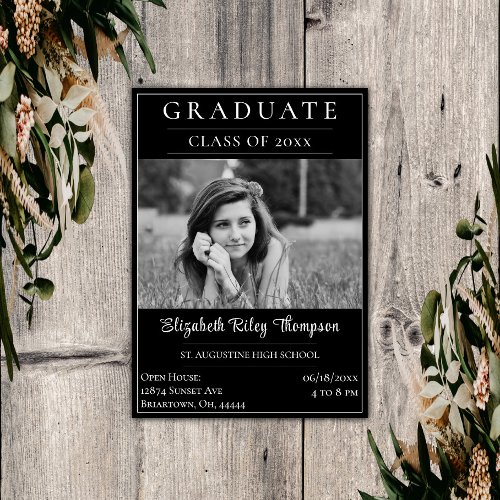 Minimalist Photo Graduation Open House  Black Invitation