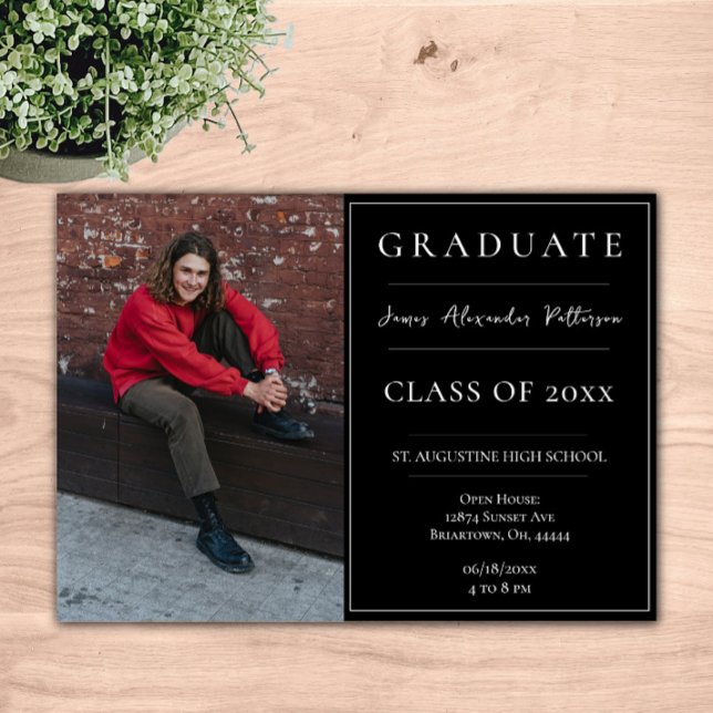 Minimalist Photo Graduation Open House | Black Invitation (Black Minimalist Photo Graduation Open House Invitation)
