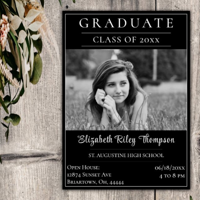 Minimalist Photo Graduation Open House | Black Invitation (Black Minimalist Photo Graduation Open House Invitation)