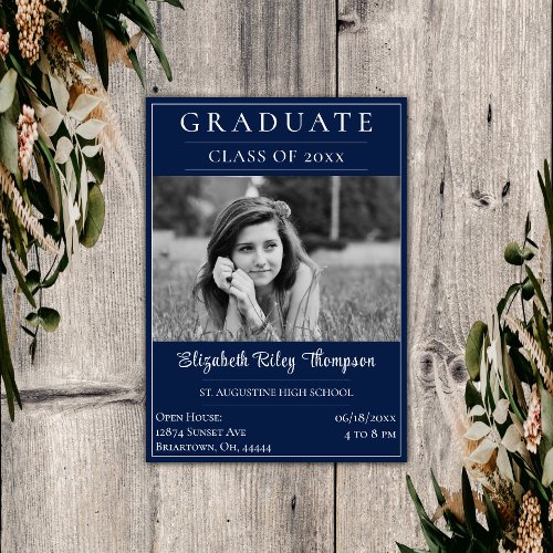 Minimalist Photo Graduation Open House  Blue Invitation