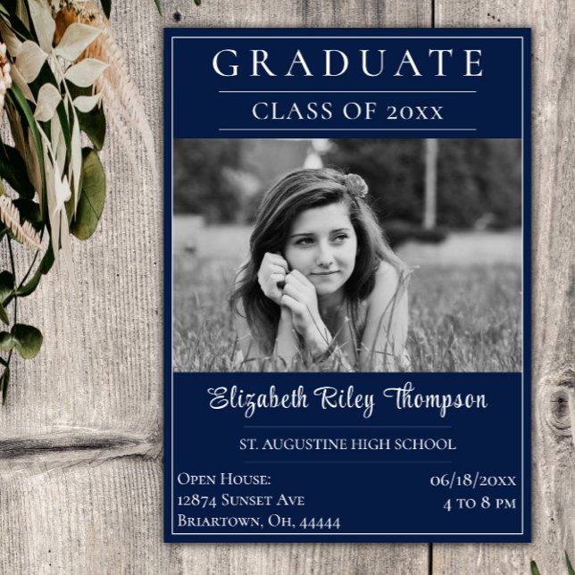 Minimalist Photo Graduation Open House | Blue Invitation (Blue Minimalist Photo Graduation Open House Invitation)