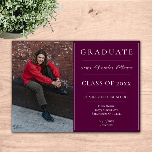 Minimalist Photo Graduation Open House | Magenta Invitation (Magenta Minimalist Photo Graduation Open House Invitation)