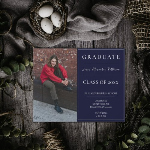 Minimalist Photo Graduation Open House  Navy Invitation