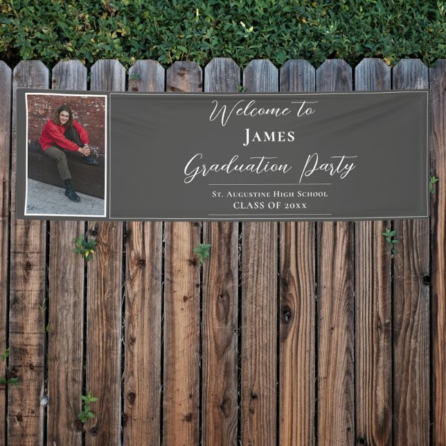 Minimalist Photo Graduation Party Welcome | Gray Banner (Gray Minimalist Photo Graduation Party Welcome Banner)