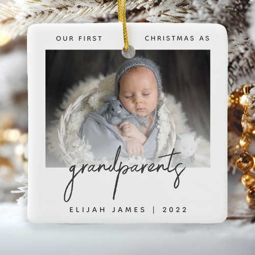 Minimalist Photo Grandparents 1st Christmas Gray Ceramic Ornament