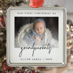 Minimalist Photo Grandparents 1st Christmas Gray Metal Ornament<br><div class="desc">Help them celebrate the arrival of their first grandchild with this modern minimalist photo keepsake ornament. The charcoal gray text reads "Our first Christmas as grandparents, " with the word "grandparents" in trendy handwriting script. Easily replace the sample image with your favorite photo of the new baby, and add his...</div>