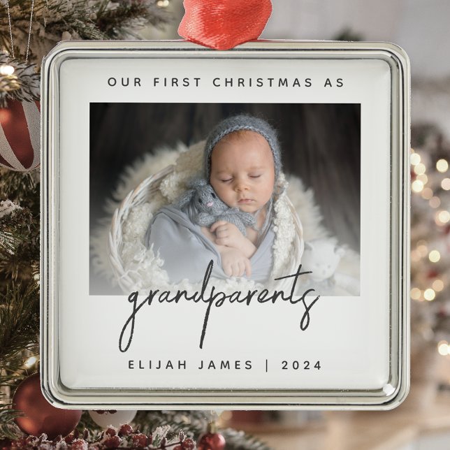 Minimalist Photo Grandparents 1st Christmas Gray Metal Ornament (Creator Uploaded)