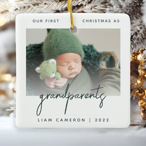 Minimalist Photo Grandparents 1st Christmas Green Ceramic Ornament