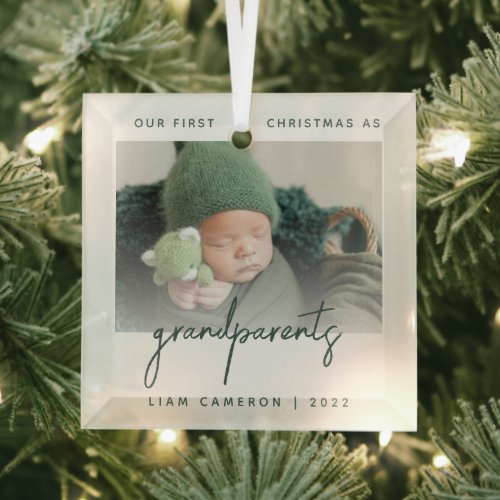 Minimalist Photo Grandparents 1st Christmas Green Glass Ornament