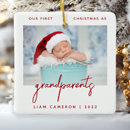 Minimalist Photo Grandparents 1st Christmas Red Ceramic Ornament