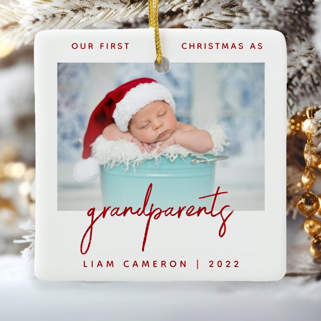 Minimalist Photo Grandparents 1st Christmas Red Ceramic Ornament (Creator Uploaded)