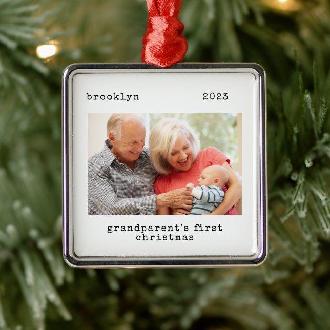 Minimalist Photo Grandparent's First Christmas  Metal Ornament (Tree)