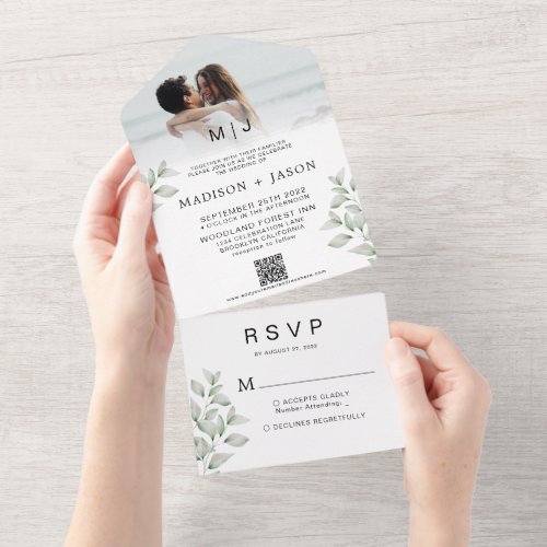 Minimalist Photo Greenery QR Code Monogram Wedding All In One Invitation