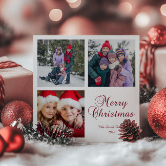 Minimalist Photo Grid Burgundy Merry Christmas Holiday Card