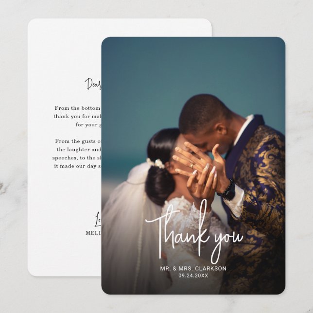 Minimalist Photo Handwriting Script Wedding Thank You Card (Front/Back)