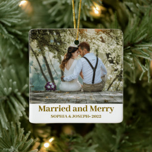 Minimalist Photo merry and married Newlywed  Ceramic Ornament